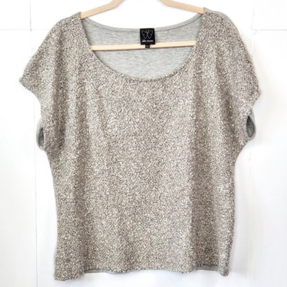 Anthropologie Ella Moss Moonshine Sequin Silver Gray Short Sleeve Top Small - Picture 2 of 6